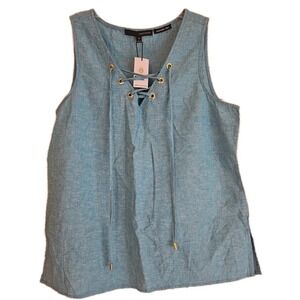 NWT Harve Benard Womens Blue Lace Up Natural Washable Linen Tank Top Medium